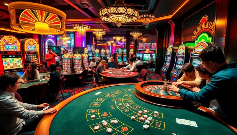 Players engaged in a thrilling gambling experience with kuwin at a vibrant casino, featuring poker tables and roulette wheels.