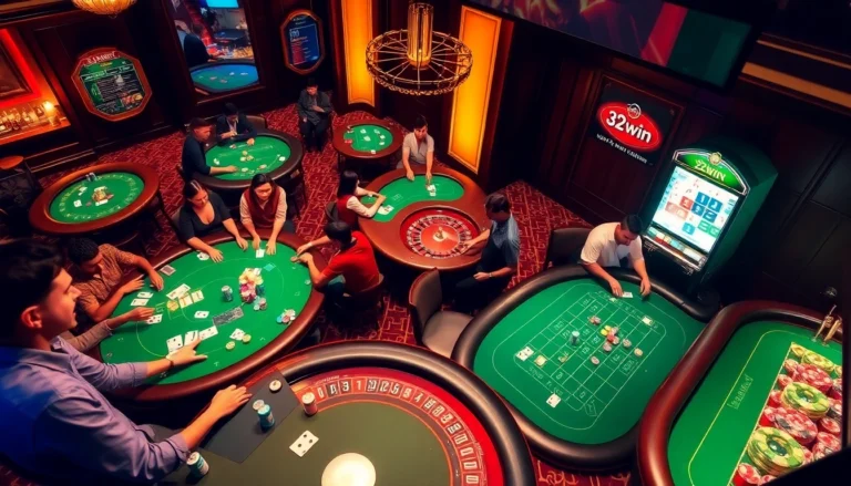 Action-packed gambling at 32win with players at poker and roulette tables, colorful chips, and vibrant slot machines.