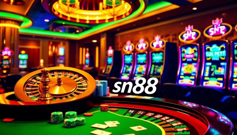 Explore the thrilling atmosphere of sn88 in a vibrant casino scene featuring poker chips and a roulette wheel.
