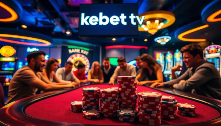 Excited players gather around a poker table with kebet tv branding, enjoying thrilling casino action.