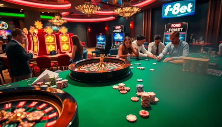 Experience thrilling gameplay at f8bet with vibrant casino scenes, engaging poker games, and exciting roulette action.