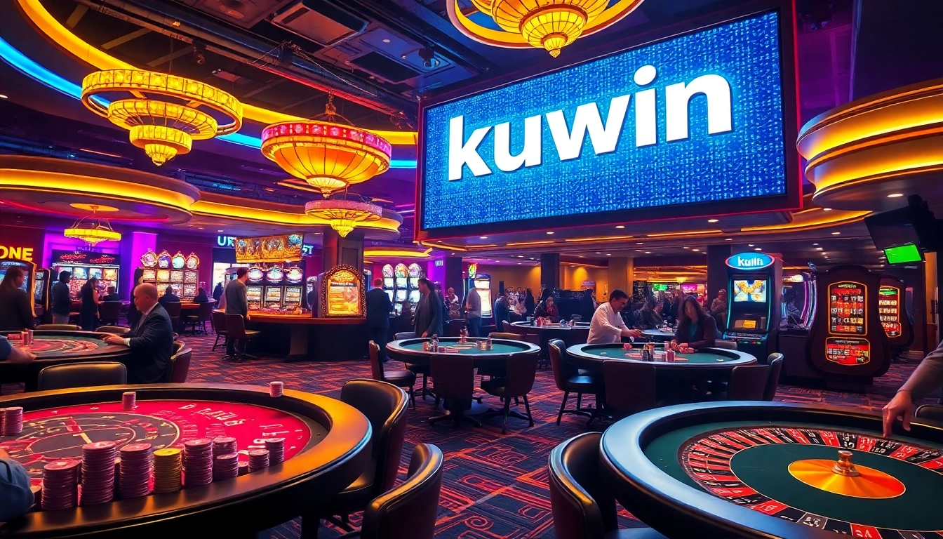 KuWin casino floor buzzing with excitement, featuring poker, roulette, and vibrant neon lights.