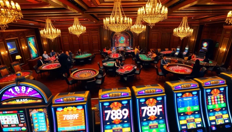 Experience the thrill of gambling with the 789f login interface featured in a lavish casino scene filled with vibrant gaming tables.