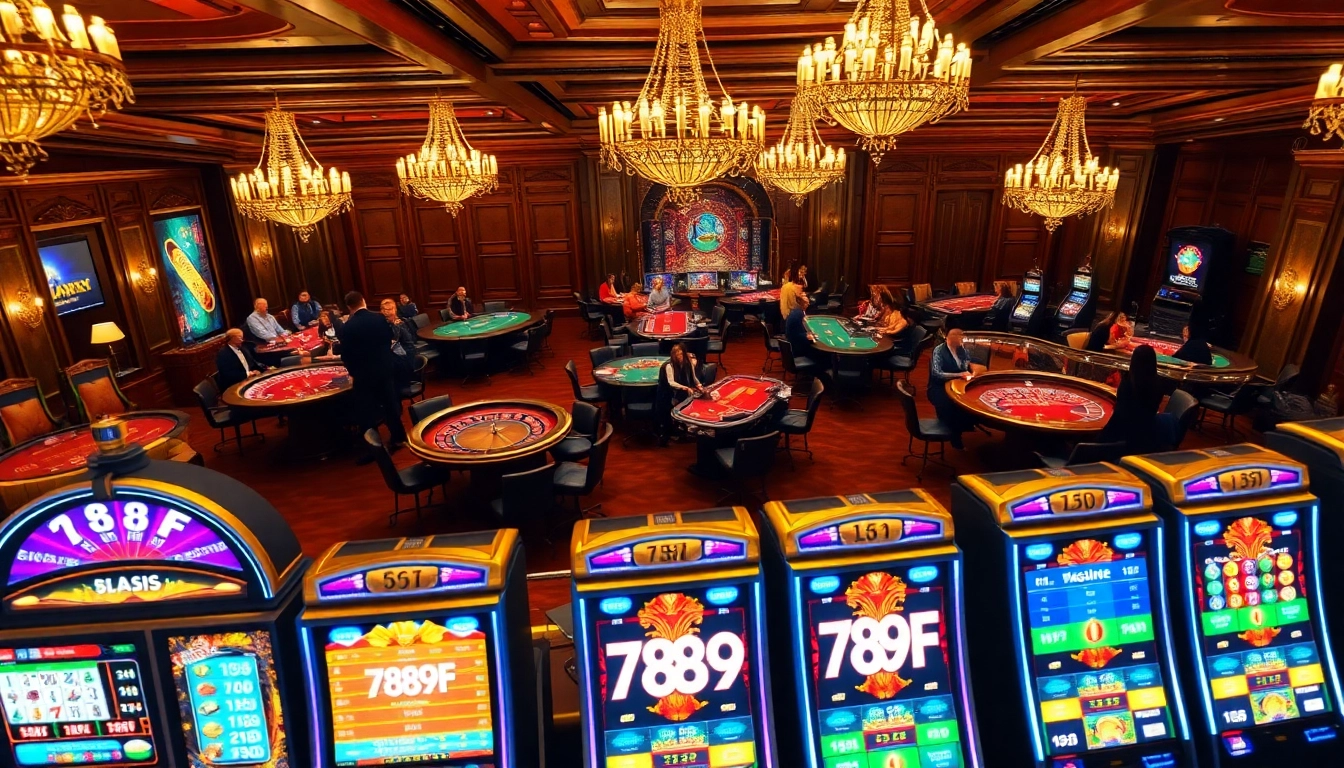 Experience the thrill of gambling with the 789f login interface featured in a lavish casino scene filled with vibrant gaming tables.