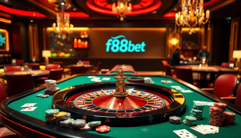 Experience the thrill of the f88bet gambling scene with a luxurious roulette table surrounded by colorful chips and excited players.