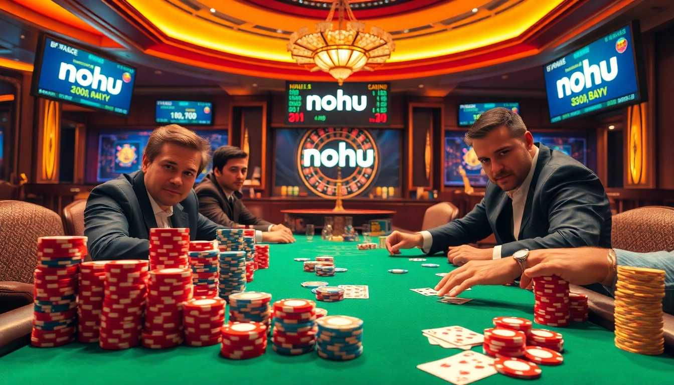 Nohu poker table scene with vibrant chips and intense players betting in a casino atmosphere.