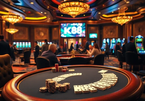Experience kp88 at a lively poker table featuring high-stakes action and vibrant casino atmosphere.