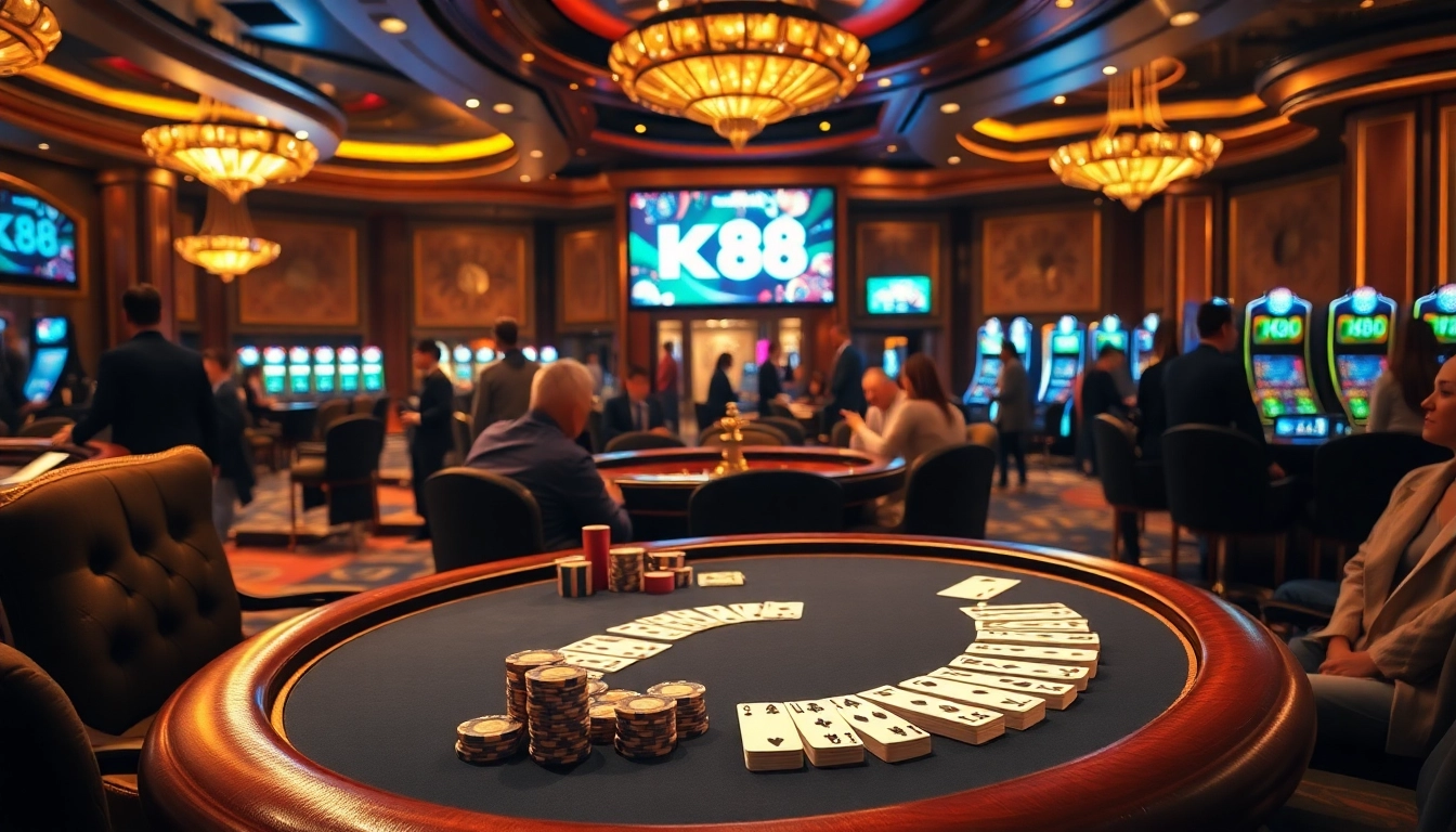 Experience kp88 at a lively poker table featuring high-stakes action and vibrant casino atmosphere.